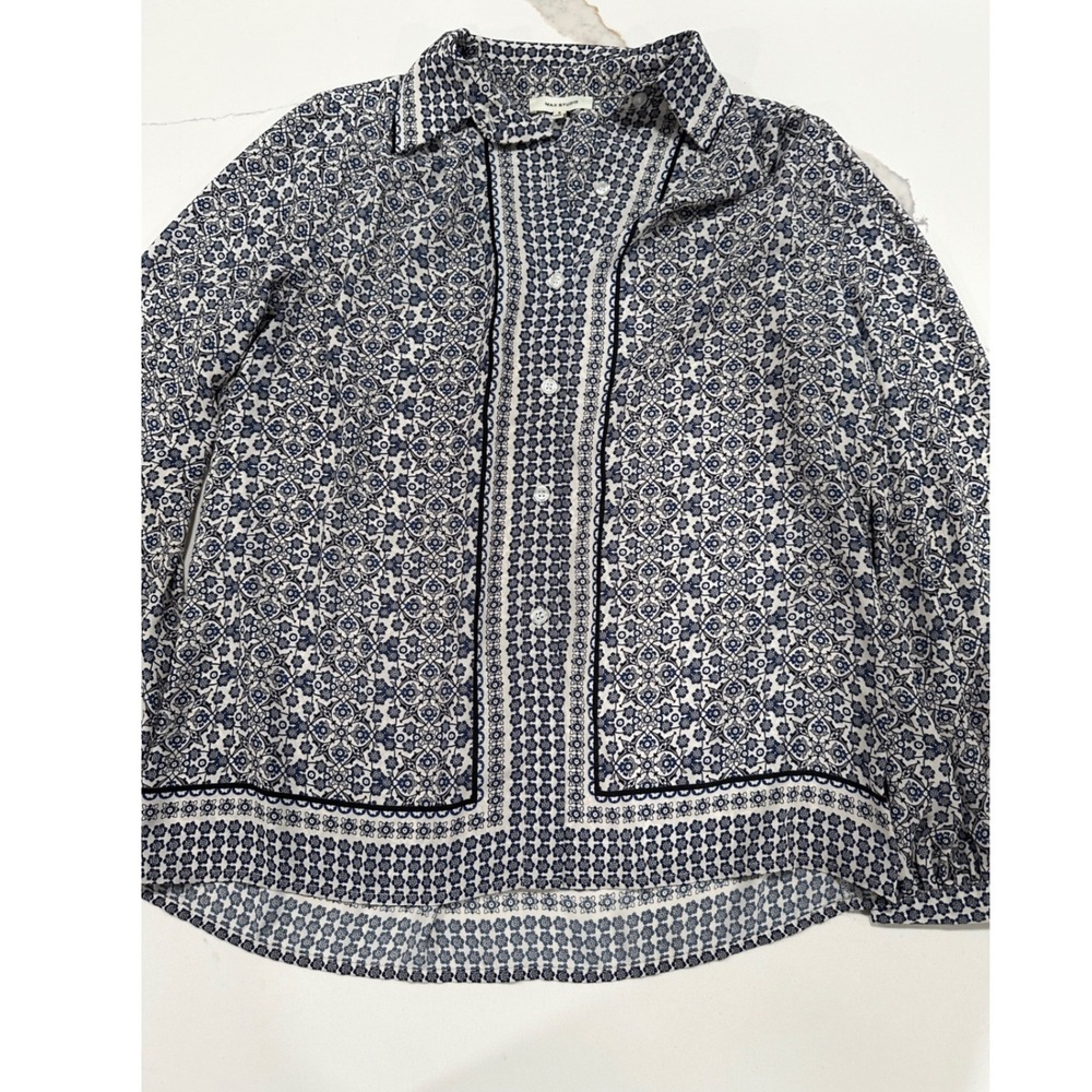 Max Studio Navy White Geometric Floral Button Down Blouse Small